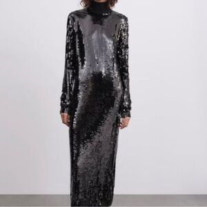 New Zara $169 Long Black Sequin Dress Limited Edition 9325/103 Medium Large